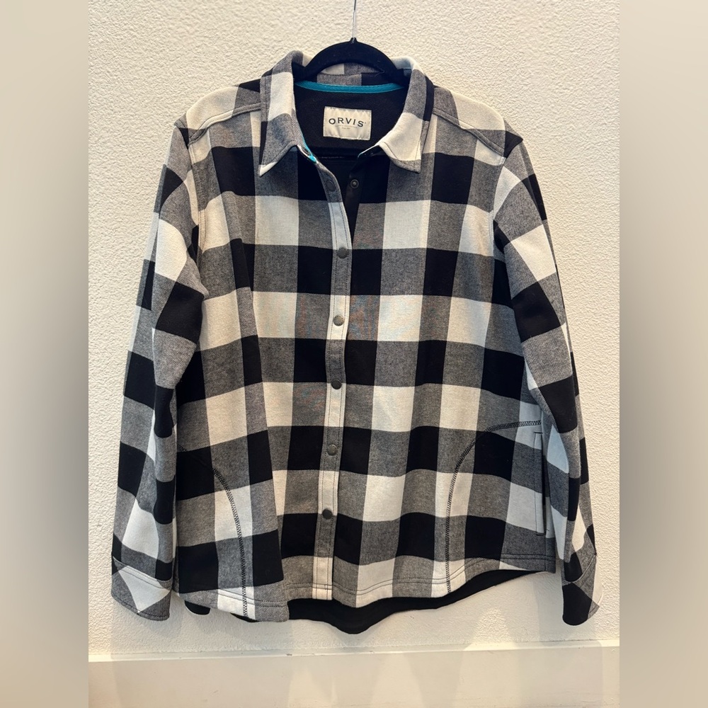 Orvis women's black & white buffalo plaid fleece-lined flannel shirt jacket